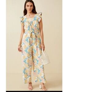 Hayden Los Angeles Floral Jumpsuit Square Neck Flutter Sleeve Belted Wide Leg M